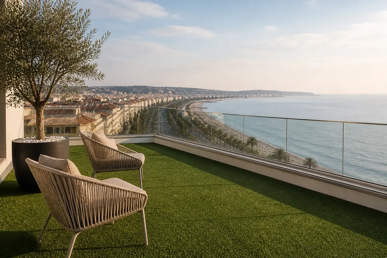 Gazon synthétique sur un balcon rooftop avec vue à Nice