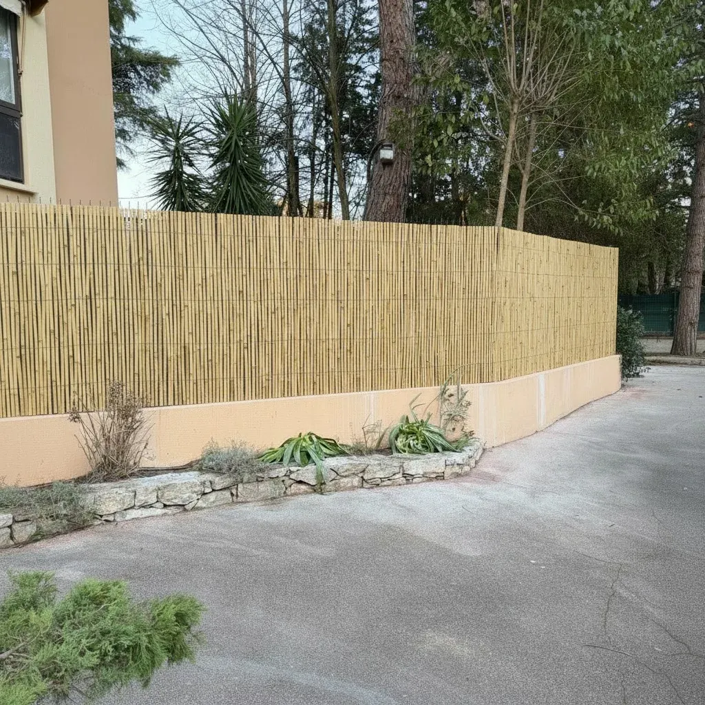 Canisse en bambou naturel sur muret de clôture, villa résidentielle